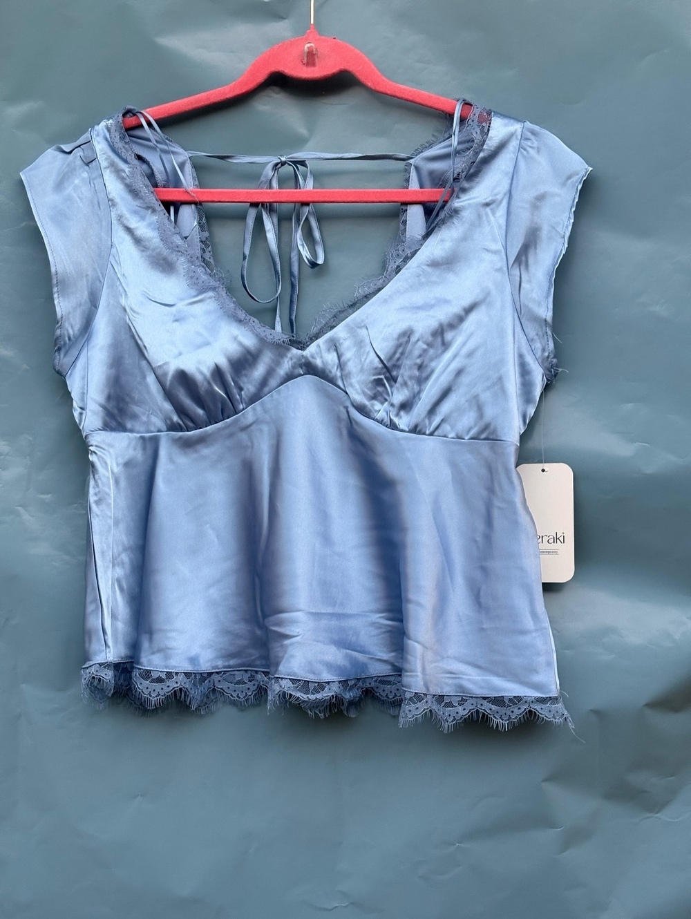 Meraki Light Blue Satin Sleeveless Top with Lace Trim, Size M